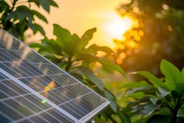 Photorealistic solar panels on the roof of a modern house, a green garden, sunset light with a bokeh effect, detailed and professionally photographed in the style of various artists 