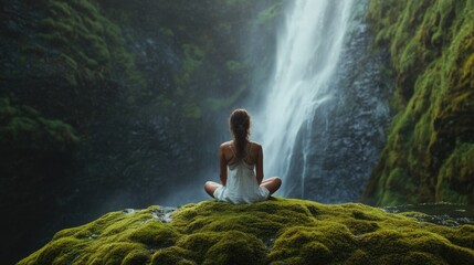 Fototapeta premium Serene Yoga Practice: Young Woman Engaging in Pranayama Amidst Lush Moss Forest and Tranquil Waterfall