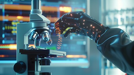 research and developement concept background of scientist or reseacher using microscope in biotechnology laboratory overlay with DNA strand and molecules symbol, concept of  DNA engineering