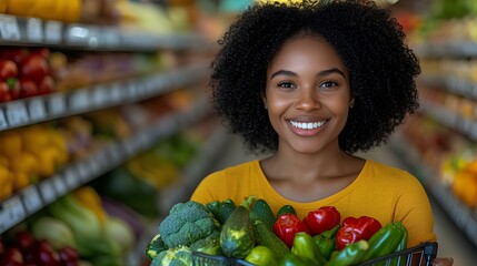 Smiling young woman shopping in a supermarket, holding her hand on a cart with vegetables. In the background are shelves filled with various products, including vegetables