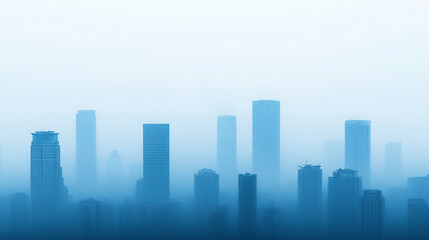 Obraz premium A serene skyline shrouded in mist, displaying skyscrapers in soft blue hues.