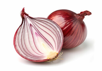 The red large onions closeup, isolated on the white background. Irreplaceable vegetable for cooking vegetarian meals.