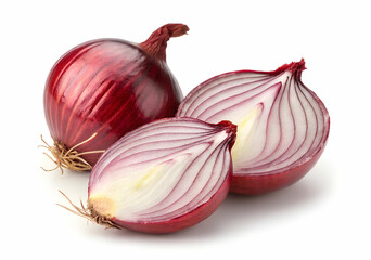 Big red onions closeup and cut up, isolated on the transparent background. Irreplaceable vegetable for cooking salads and other different meals.