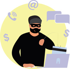 Online crime concept. A masked fraudster calls his victim on the phone and asks for banking information. The criminal steals money. Cartoon flat vector illustration isolated on a white background
