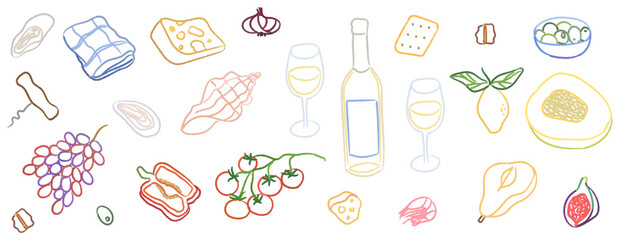 Charcoal colorful crayons grape, wine bottle and glasses, cheese, tomato, oysters and grape. Vintage beverage and food vector illustration. Hand drawn engraved vintage sketches poster, placard or menu