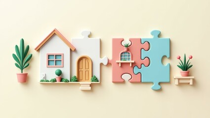 Cute pastel house with green plants beside colorful puzzle pieces connecting, symbolizing homeownership and real estate concept for marketing, website design, or property investment backgrounds calm