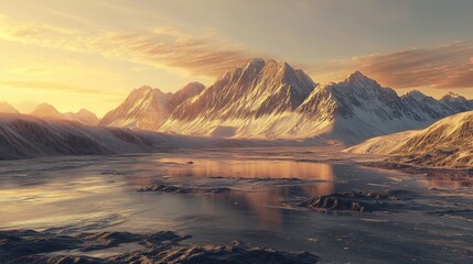 Sunset over snowy mountains, calm lake, travel poster