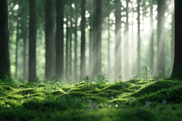 Serene Forest Landscape with Lush Green Moss and Sunlight Rays
