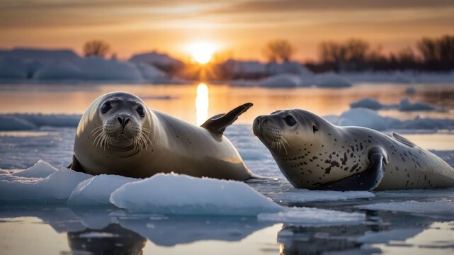 Two seals resting on ice with a sunset in the background.