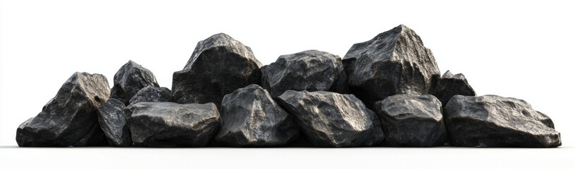 Large pile of rough, dark rocks arranged on white background, showcasing their textured surfaces and natural formations, ideal for various design projects