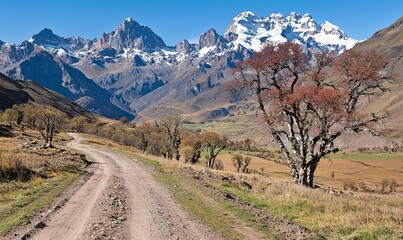Dirt road through autumn valley with snow-capped mountains