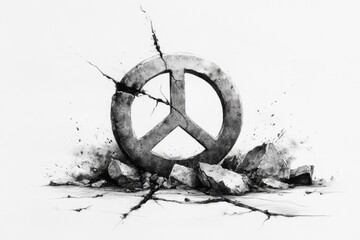 A simple drawing of a peace symbol emerging from a cracked grenade, rendered in black and white for a striking message