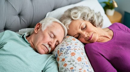 Sleep for Long Life Concept, Senior Couple Enjoying Peaceful Sleep Together on Cozy Bed at Home in Restful Moment
