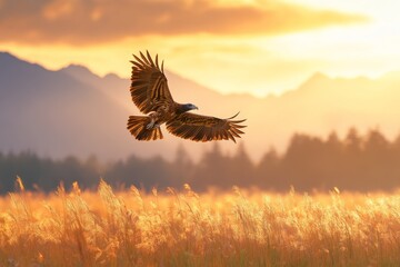 A vulture mid-takeoff, its powerful wings beating against a backdrop of tall grass and distant mountains