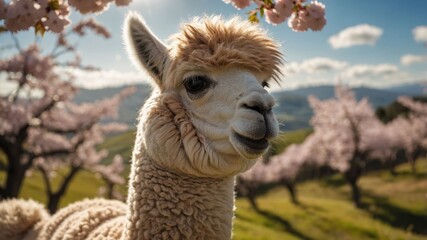 Obraz premium A close-up of an alpaca amidst blooming cherry blossoms in a scenic landscape.