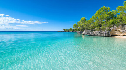 Fototapeta premium secluded cove with crystal clear turquoise water, surrounded by lush greenery and rocky formations, offers serene escape for relaxation and tranquility
