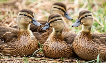 Four young ducks resting together in a natural habitat