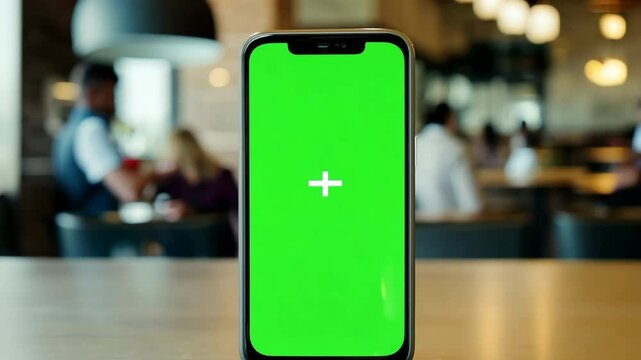 Smartphone green screen is on a table in a cafe setting. Mobile phone vertical mockup in a coffee shop, restaurant, cafe. Phone showing blank green background display. Chroma key smart phone. Closeup