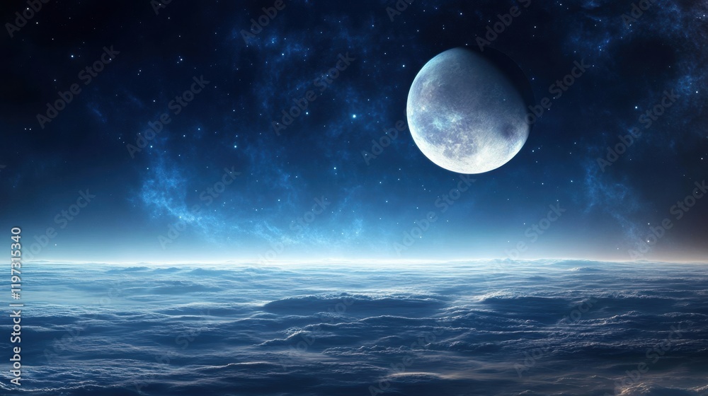 Aufkleber vast ocean of clouds under a luminous celestial body in a serene cosmic atmosphere. generative ai