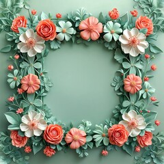Soft mint green and coral floral designs framing the edges for a refreshing delicate border frame in mint coral floral border frame pattern background