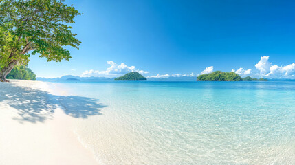 Fototapeta premium wide panoramic view of pristine white sandy beach with clear turquoise water, surrounded by lush green islands and bright blue sky. scene evokes tranquility and natural beauty
