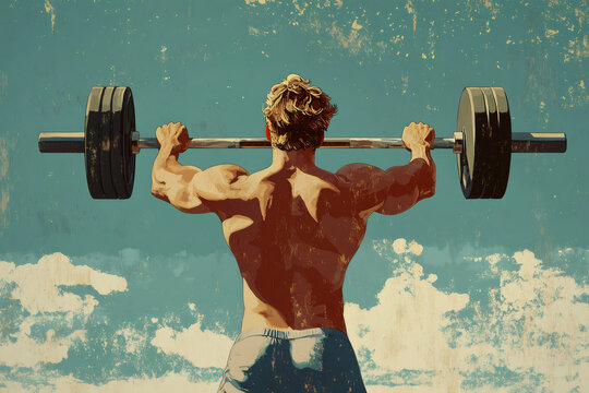 Muscular bodybuilder lifting weights with cloudy sky background, vintage poster style illustration
