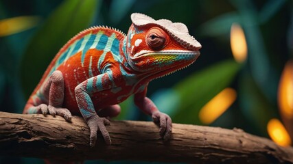 Fototapeta premium A vibrant chameleon perched on a branch, showcasing its colorful scales in a lush environment.
