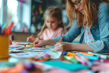 Two young girls are drawing on a table with a variety of colored markers
