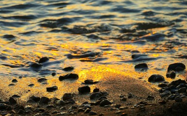 Sea surface and sandy beach with pebbles in golden sunset background