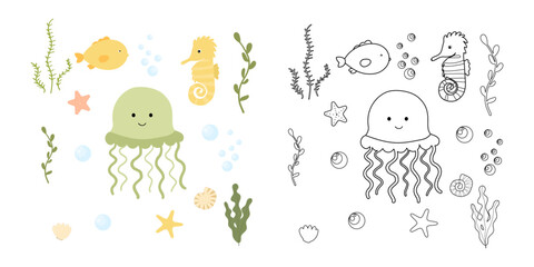 Coloring page of cute jellyfish, seahorse, fish. Sea life, shells, seaweed. Underwater life. Сhildren's vector coloring book with color example. Coloring page for kids.