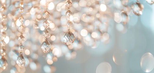 Elegant chandelier crystals sparkling in soft light, creating a luxurious and mesmerizing atmosphere, perfect for enhancing decorative themes or event planning.
