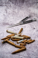 Different types of ammunition scattered on the ground.