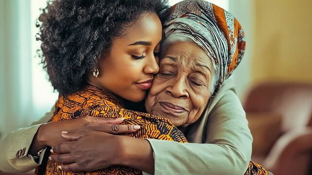 Young Black woman embracing elderly Comfort warmly lit home environment Granddaughter and grandmother sharing hug Family connection cozy setting Timeless affection generations Generational love