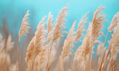 Obraz premium Golden reeds sway in gentle breeze against turquoise sky, ideal nature background