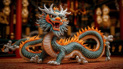 Fototapeta premium Intricate Dragon Statue Adorned on Elegant Rug Showcasing Detailed Craftsmanship and Cultural Significance in a Rich and Artistic Indoor Setting