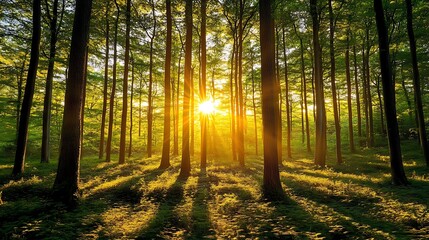 Fototapeta premium Golden Sunlight Illuminates Dense Forest Trees