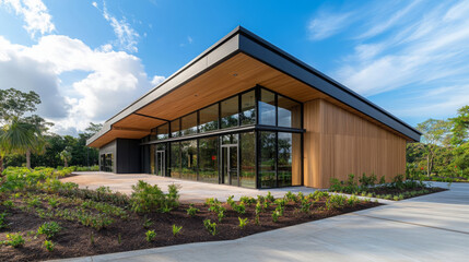 Fototapeta premium Modern eco friendly building with large glass windows and wooden accents, surrounded by greenery and clear blue sky, showcasing sustainable architecture and design