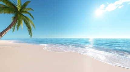 serene beach scene featuring gentle ocean waves rolling in along pristine shoreline, with palm tree swaying under bright blue sky