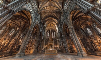 Fototapeta premium Gothic church interior with ornate altar, arches, columns, stained glass