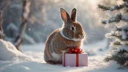 A rabbit sits next to a pink gift box in a snowy landscape, evoking a festive atmosphere.