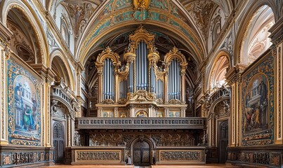 Obraz premium Grand church organ, ornate interior, arched ceiling, religious murals, potential use for music or history
