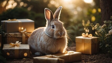 A rabbit surrounded by beautifully wrapped gifts in a serene, sunlit setting.