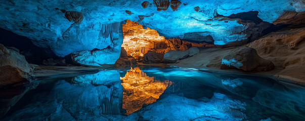 Enchanting cave with glowing bioluminescent features reflecting in still water at twilight
