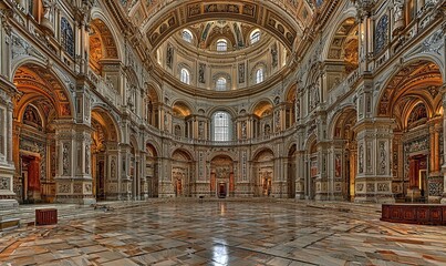 Obraz premium Grand domed church interior with marble floor, arches, and soft lighting