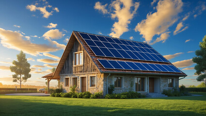 Fototapeta premium Rural House with Solar Panels at Sunset