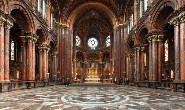 Grand church interior, ornate columns, tiled floor, altar, stained glass window, architectural detail, ideal for historical or travel content
