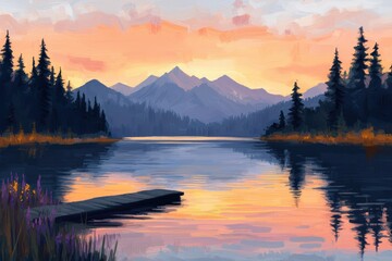 Serene Lake Landscape at Sunset with Mountains and Pine Trees