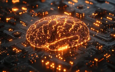 Futuristic illuminated brain on a circuit board, intricate design representing AI, machine learning, and advanced technology, glowing connections, hyperrealistic, 8K quality