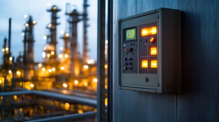 Obraz premium Close-up of a fire alarm panel mounted on a steel wall, illuminated indicators visible against refinery infrastructure.