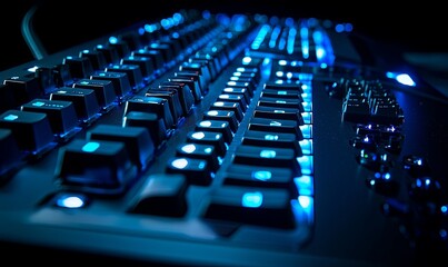 Fototapeta premium Illuminated keyboard in dark room, focus on keys, ideal for tech or gaming themes